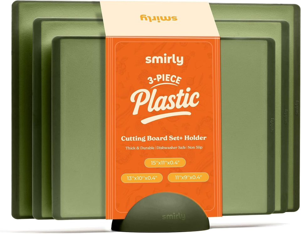 Smirly cutting board set with holder provides vertical kitchen organization.