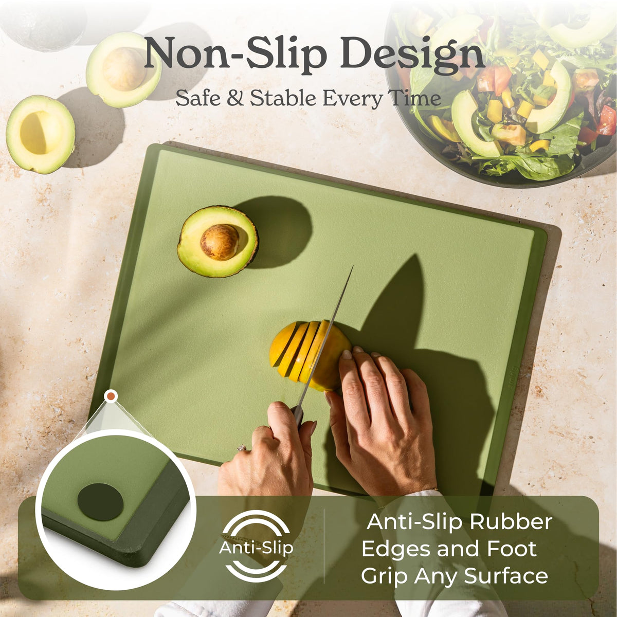 Smirly boards feature non-slip feet for stable slicing.