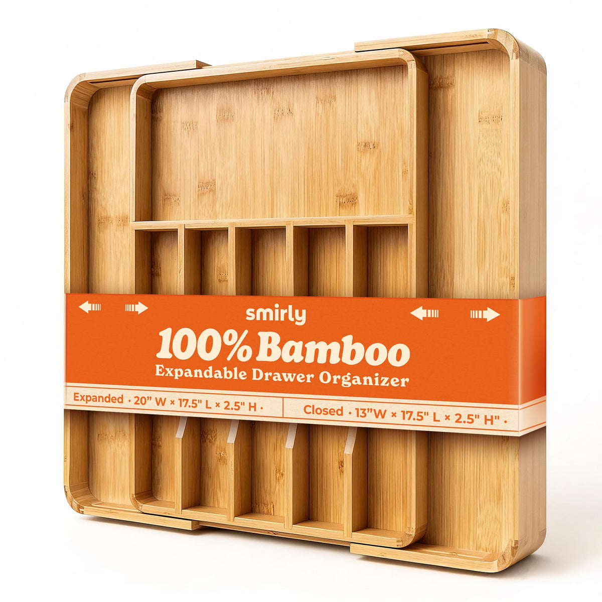 SMIRLY silverware drawer organizer with 8 compartments keeps flatware neatly arranged for quick access.