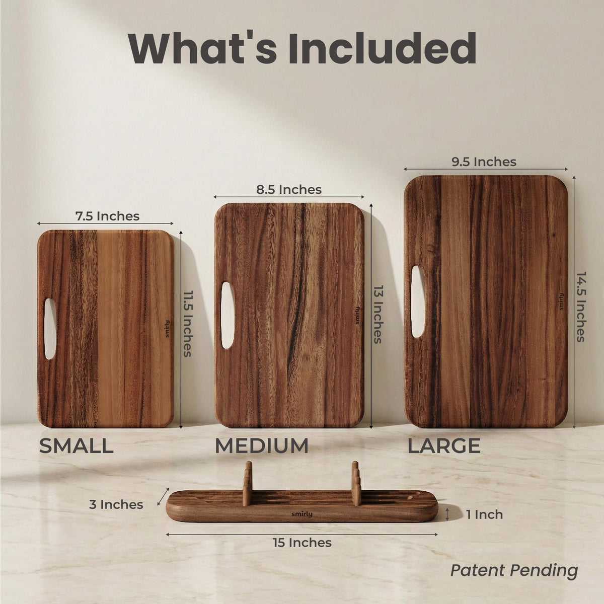 SMIRLY three-piece cutting board set shown together for versatile kitchen prep.