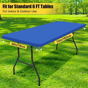 Smiry rectangle table cloth on indoor/outdoor tables for versatile use.