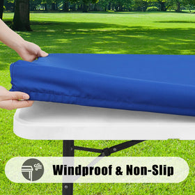 Smiry blue waterproof rectangle table cloth demonstrates spill resistance for outdoor meals.
