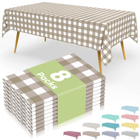 Smiry 8-pack gingham tablecloth in khaki and white protects surfaces from spills outdoors.