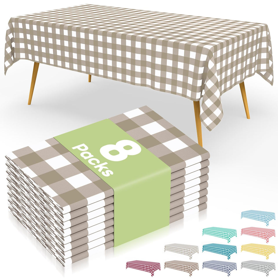 Smiry 8-pack gingham tablecloth in khaki and white protects surfaces from spills outdoors.