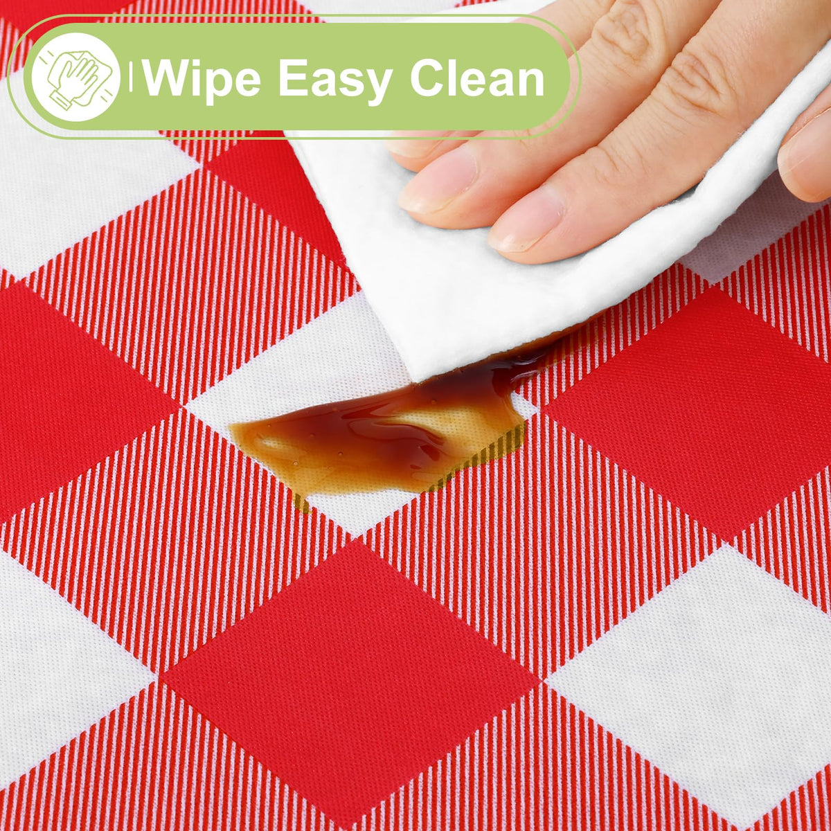 Smiry buffalo plaid red and white tablecloth on a festive indoor table setting