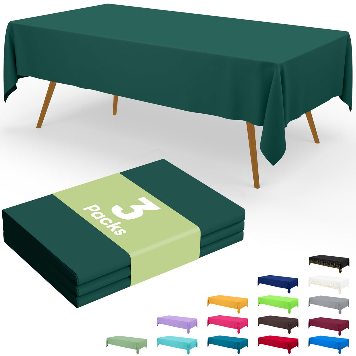Smiry disposable table cloth 3 pack laid out on a dining table for quick cleanup.