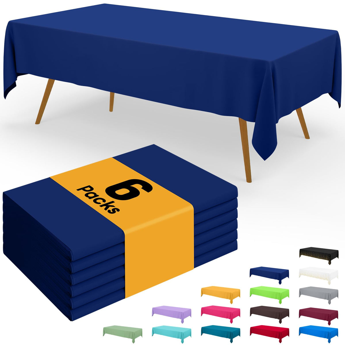 Smiry navy disposable tablecloth pack shot showing six-pack for events