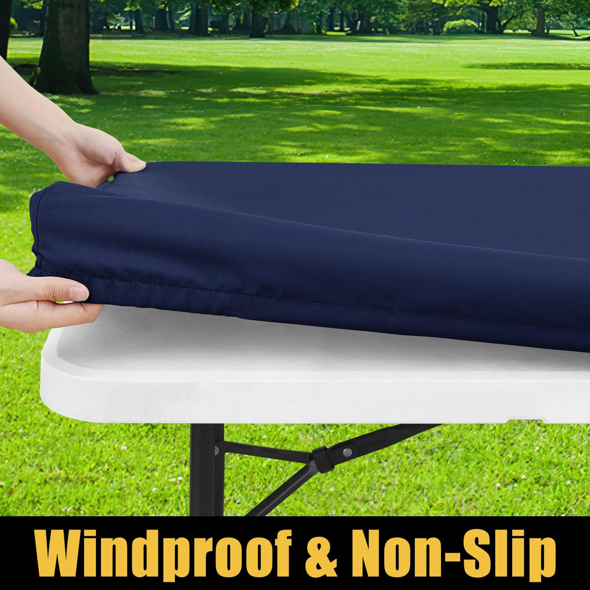 Smiry elastic edge-fit demonstrates secure hold on windy days for a tidy table.