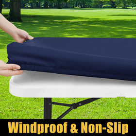 Smiry elastic edge-fit demonstrates secure hold on windy days for a tidy table.