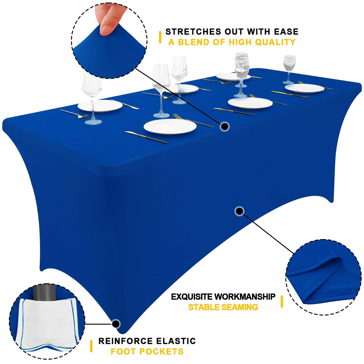 Smiry elastic-fit tablecloth closeup shows durable stitching for long-lasting use.