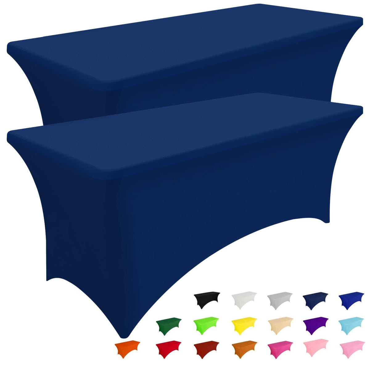 Smiry elastic tablecloth on a navy 6ft table provides full coverage for events.