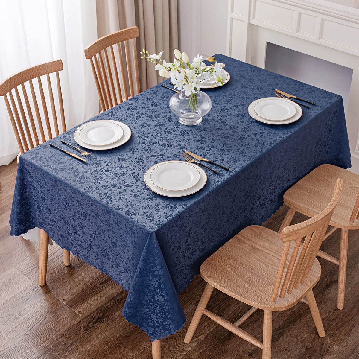 Smiry floral embossed scalloped edge tablecloth in navy for gatherings