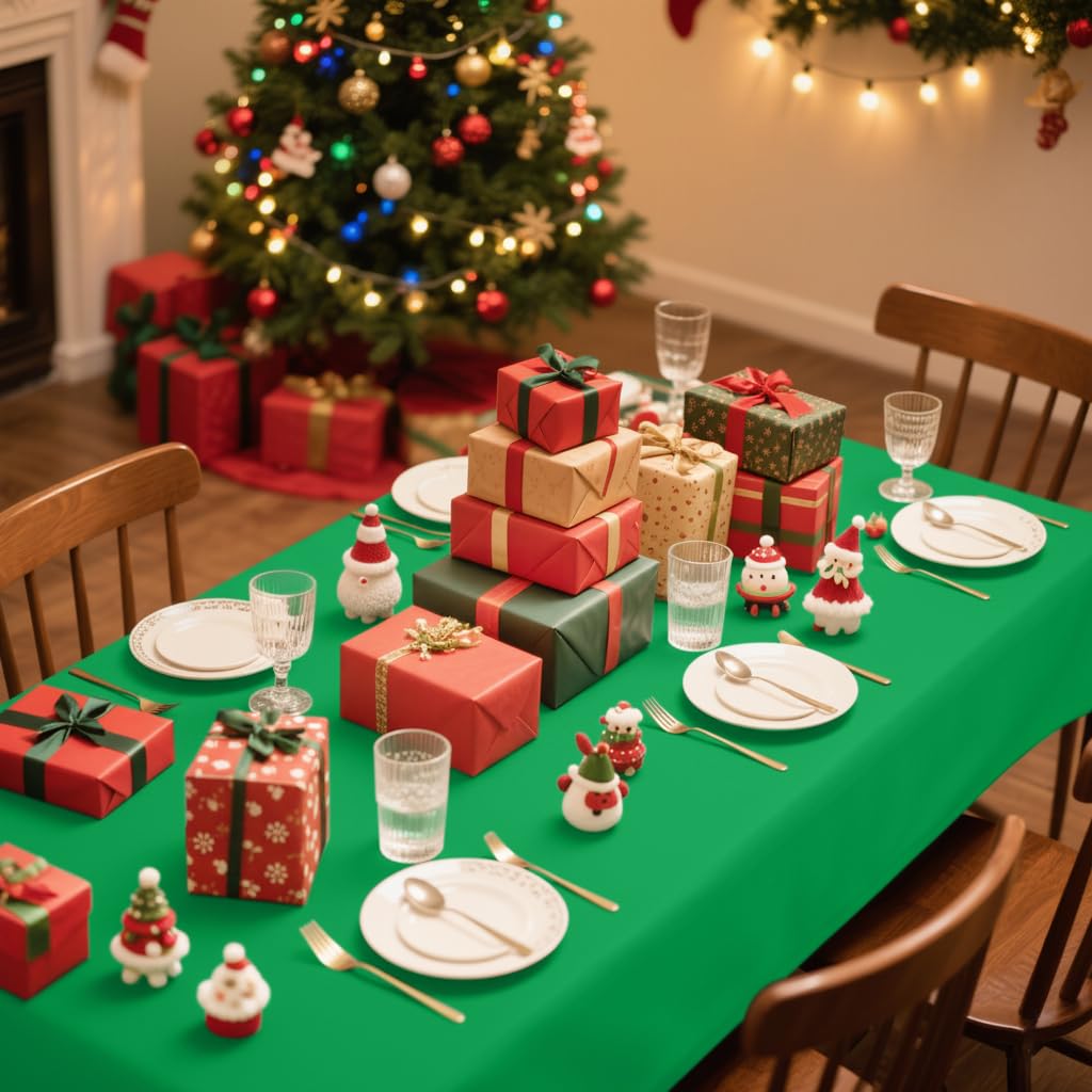 Smiry green disposable table cloth for indoor and outdoor use on tables.