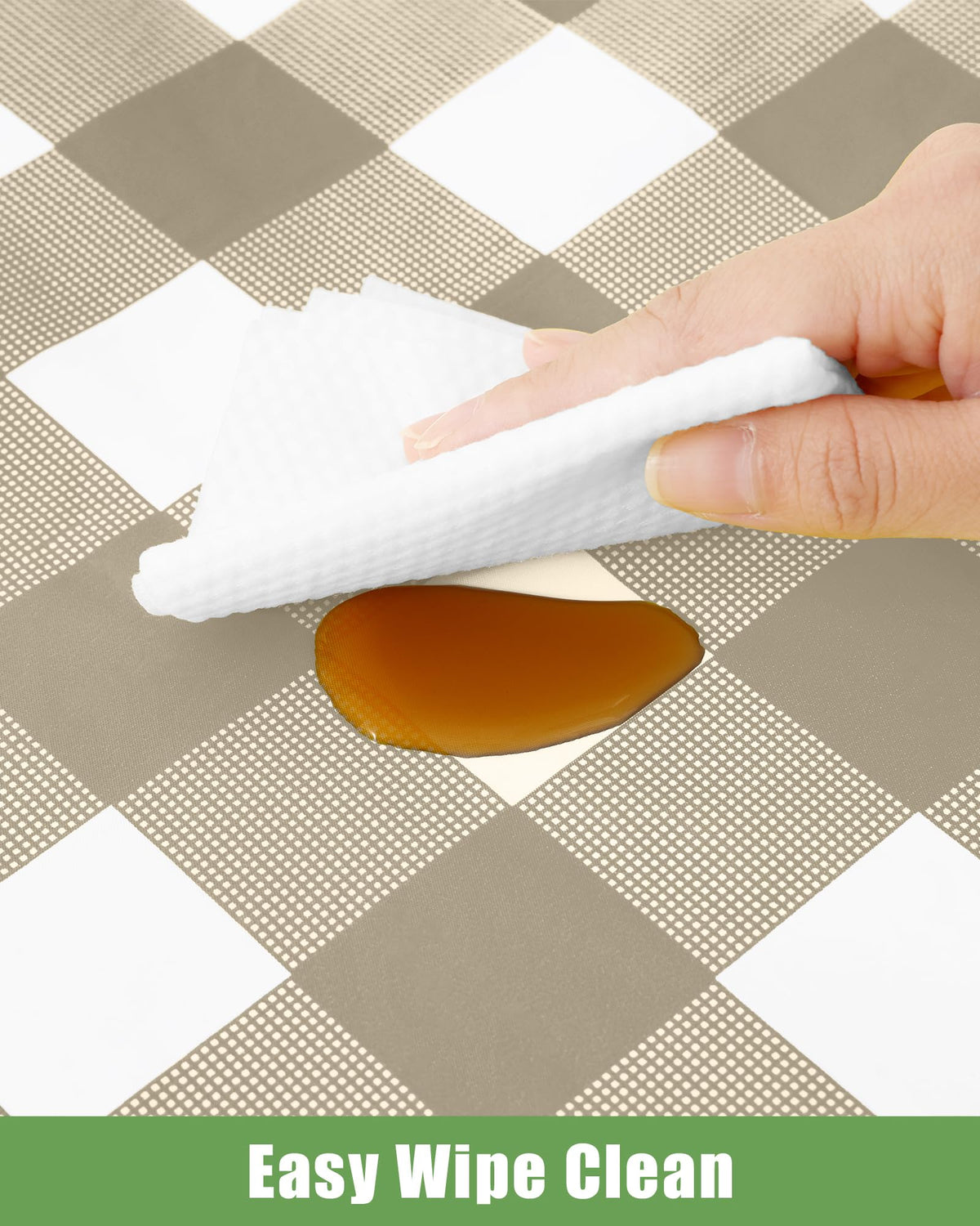 Smiry khaki-white checkered tablecloth protects wood surfaces with durable PEVA.