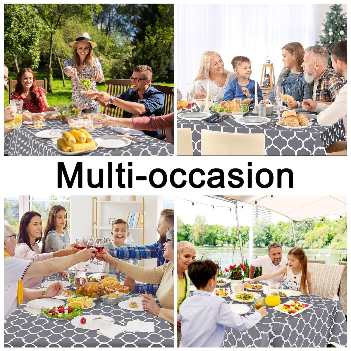 Smiry tablecloth used for outdoor dining and patio setup.
