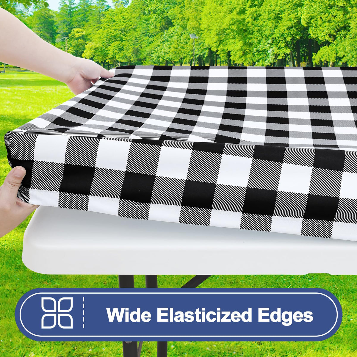 Smiry elastic-edge-fit tablecloth secured on a 6ft rectangle table in windy settings.
