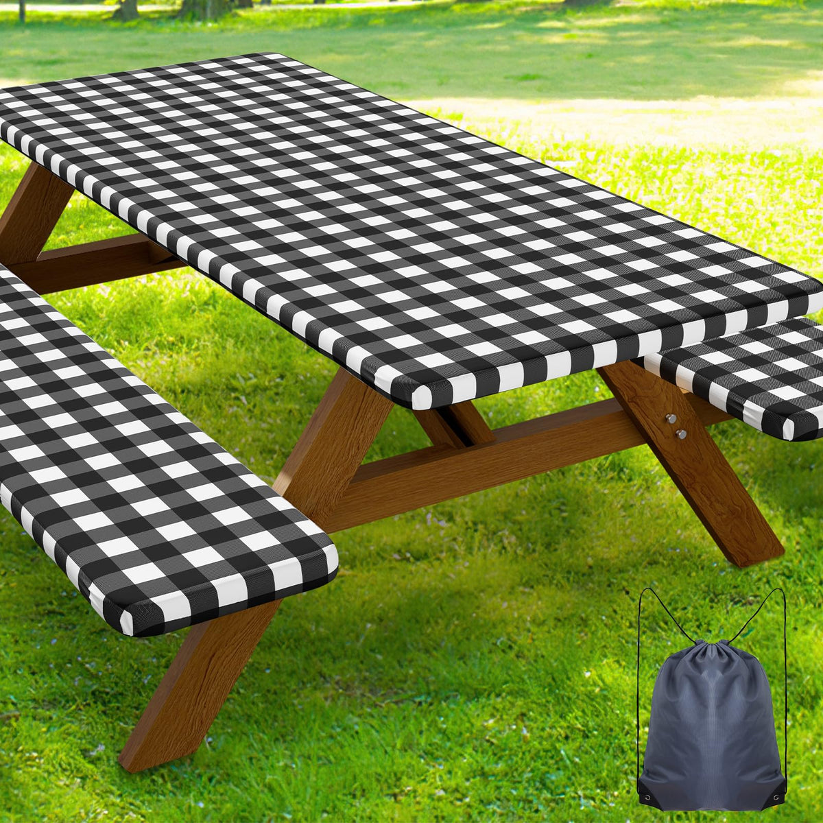 Smiry picnic table cover on a 72x30 table, waterproof and easy to clean.