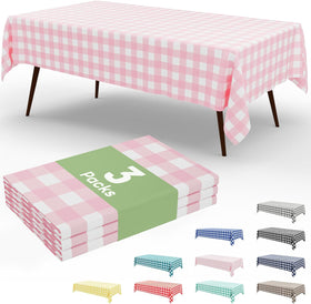 Smiry pink gingham disposable tablecloth in 54x108 inches for quick party setup.