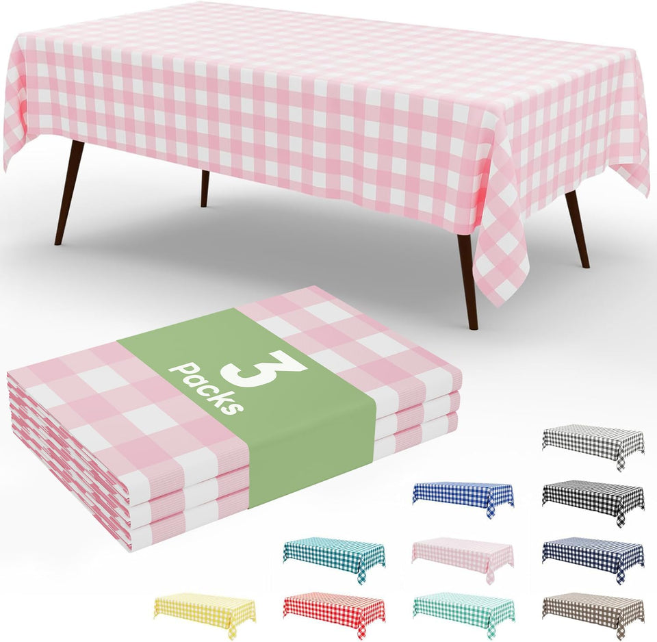 Smiry pink gingham disposable tablecloth in 54x108 inches for quick party setup.