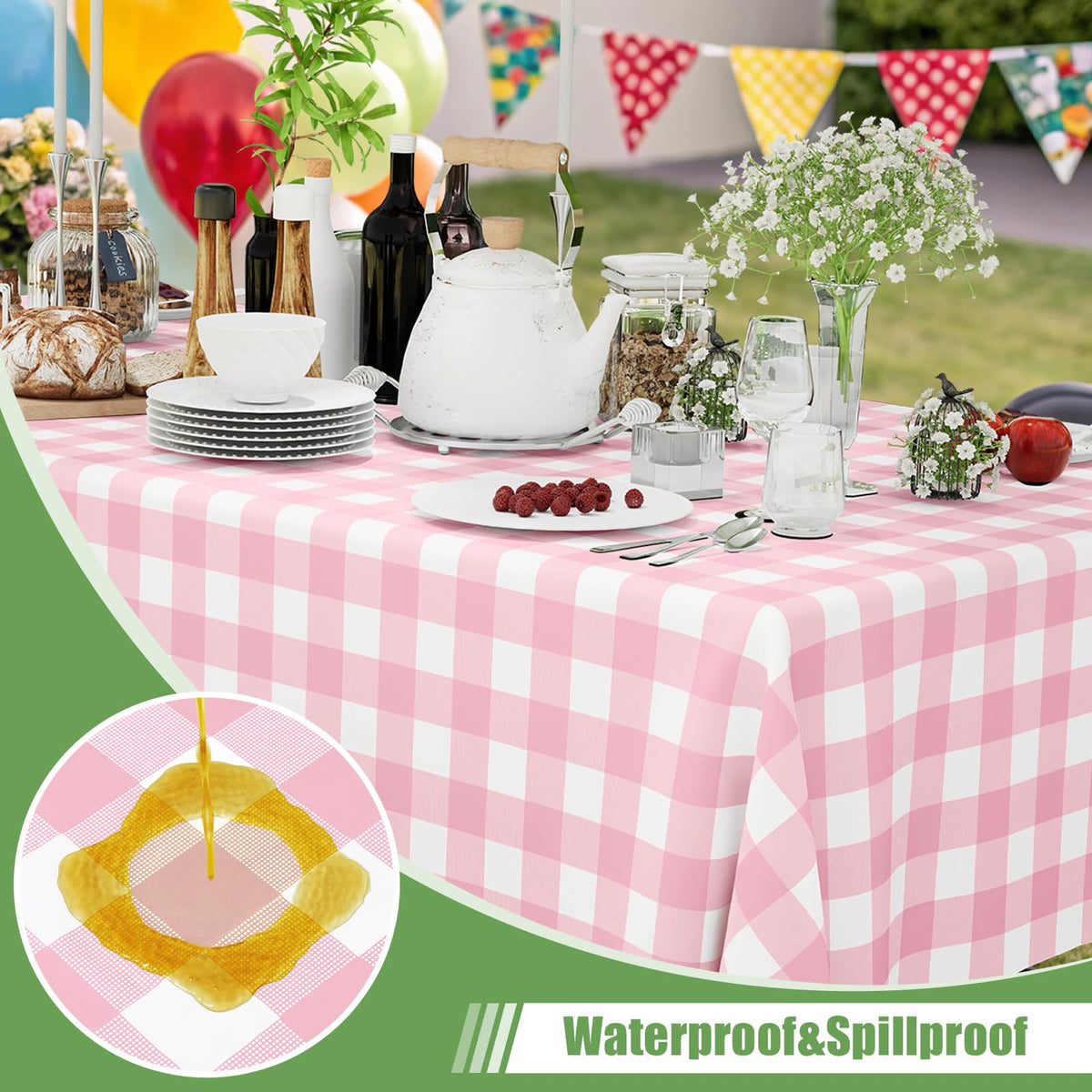 Smiry pink gingham tablecloth on an outdoor picnic table for spill protection.