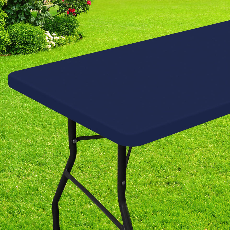 Smiry rectangle picnic table cloth in navy provides spill protection for outdoor dining.
