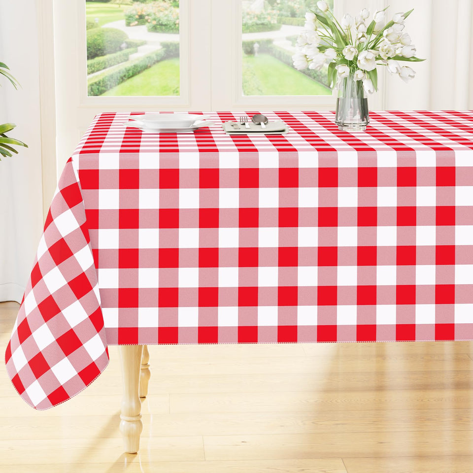 Smiry rectangle table cloth with waterproof vinyl surface protecting a dining table during a spill