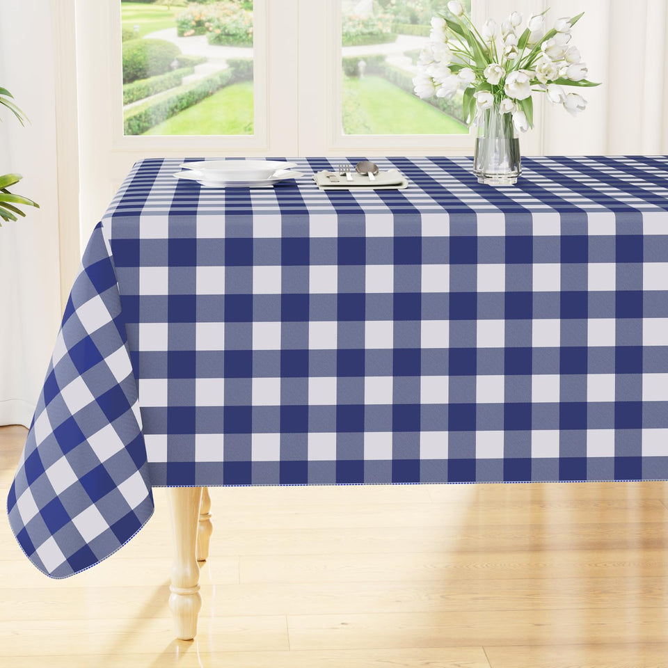 Smiry rectangle table cloth in navy and white buffalo plaid, waterproof for indoor and outdoor use