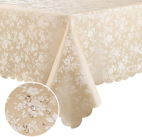 Smiry rectangle table cloth beige on table with floral embossing, water resistant.