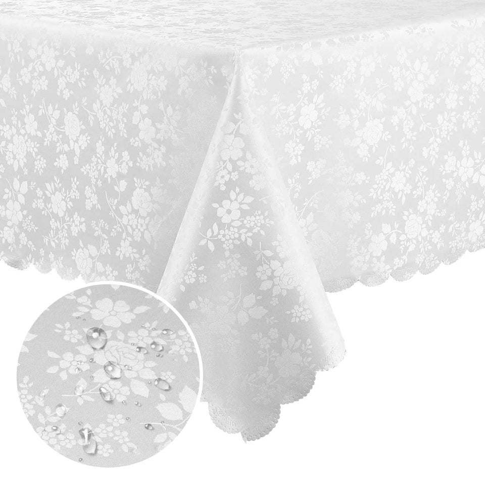 Smiry floral embossed rectangle tablecloth with scalloped edges for elegant dining and protection.
