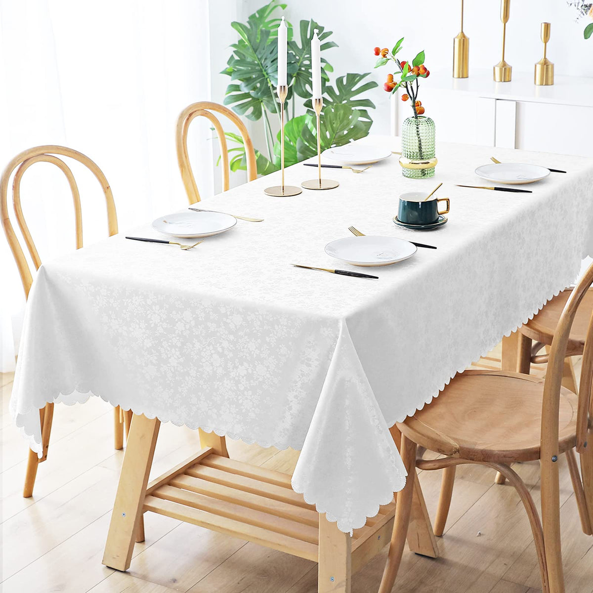 Smiry rectangle tablecloth floral embossed edge adds elegant dining detail.
