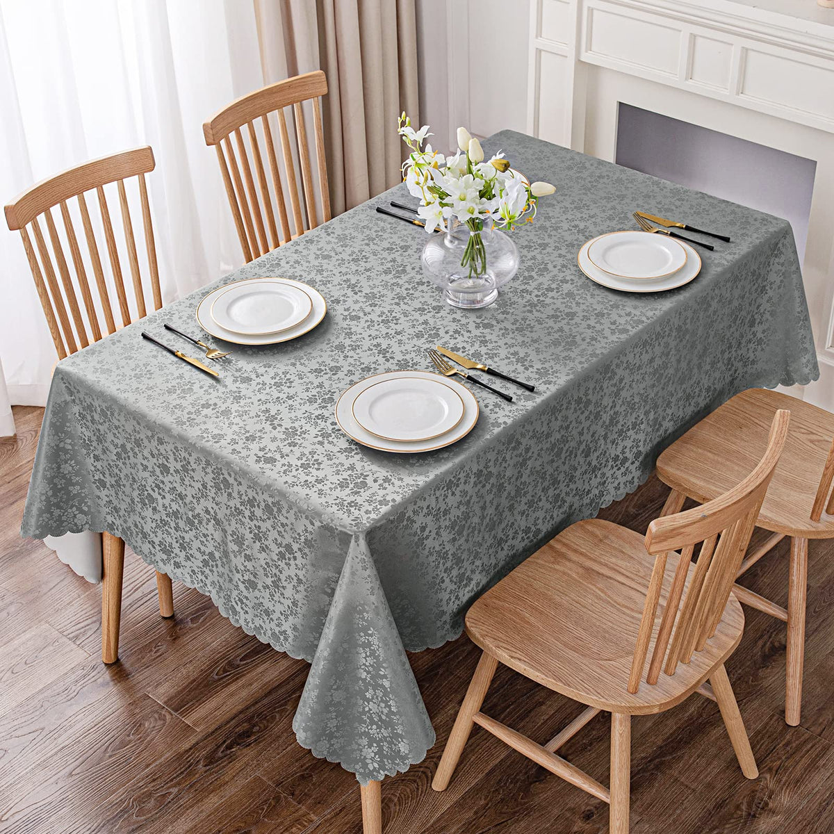 Smiry rectangle tablecloth floral embossed edges enhances elegant dining ambiance.