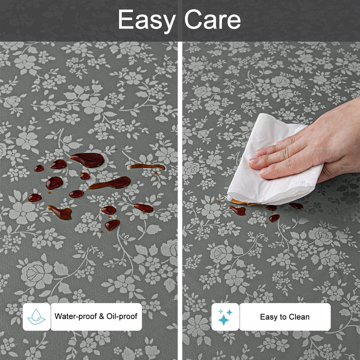 Smiry tablecloth wipe-clean surface makes cleanup quick after meals.