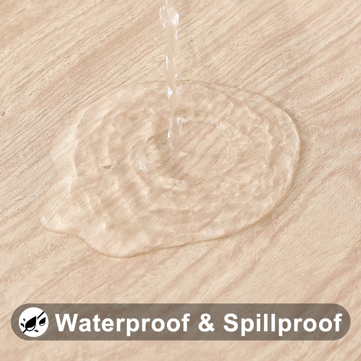 Beige Smiry tablecloth adds warm, versatile styling for indoor or outdoor dining.