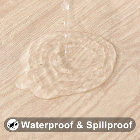 Beige Smiry tablecloth adds warm, versatile styling for indoor or outdoor dining.
