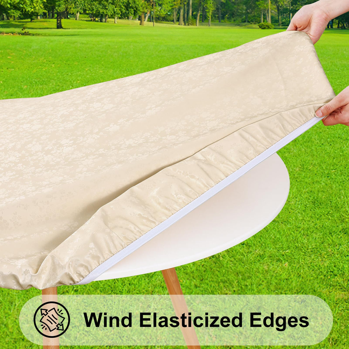 Smiry beige round tablecloth with fitted edges drapes neatly on 45-56 inch tables.