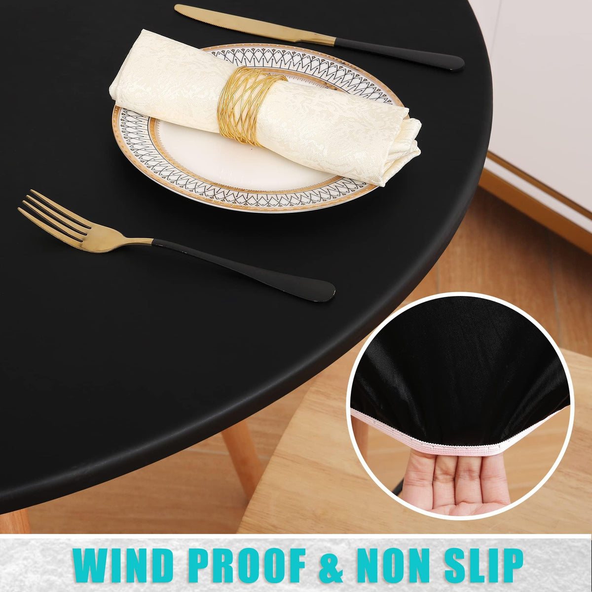 Smiry round picnic tablecloth with flannel backing prevents slipping on tables.