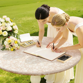 Smiry beige round tablecloth showcasing a waterproof surface for outdoor meals.