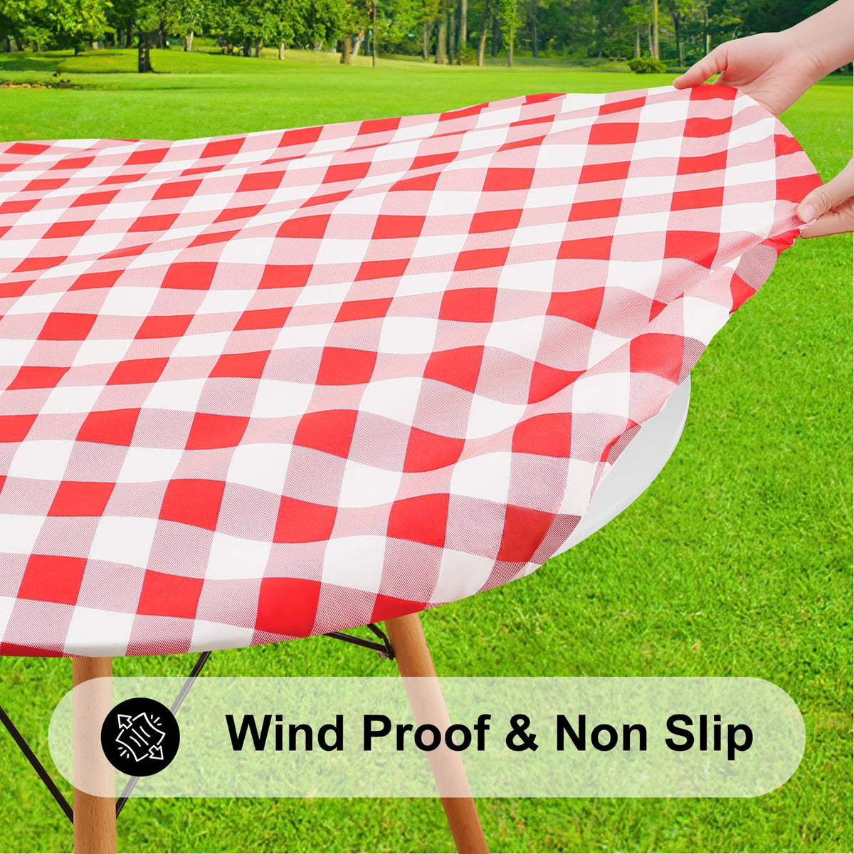 Smiry round tablecloth waterproof surface protects tables from spills during meals.