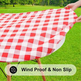 Smiry round tablecloth waterproof surface protects tables from spills during meals.
