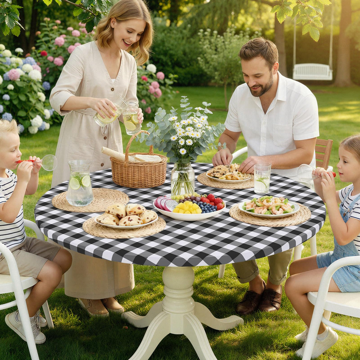 Smiry round picnic tablecloth waterproof vinyl surface keeps table dry