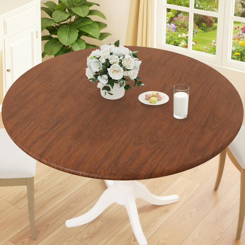 Smiry round picnic tablecloth with windproof edge on an outdoor table.