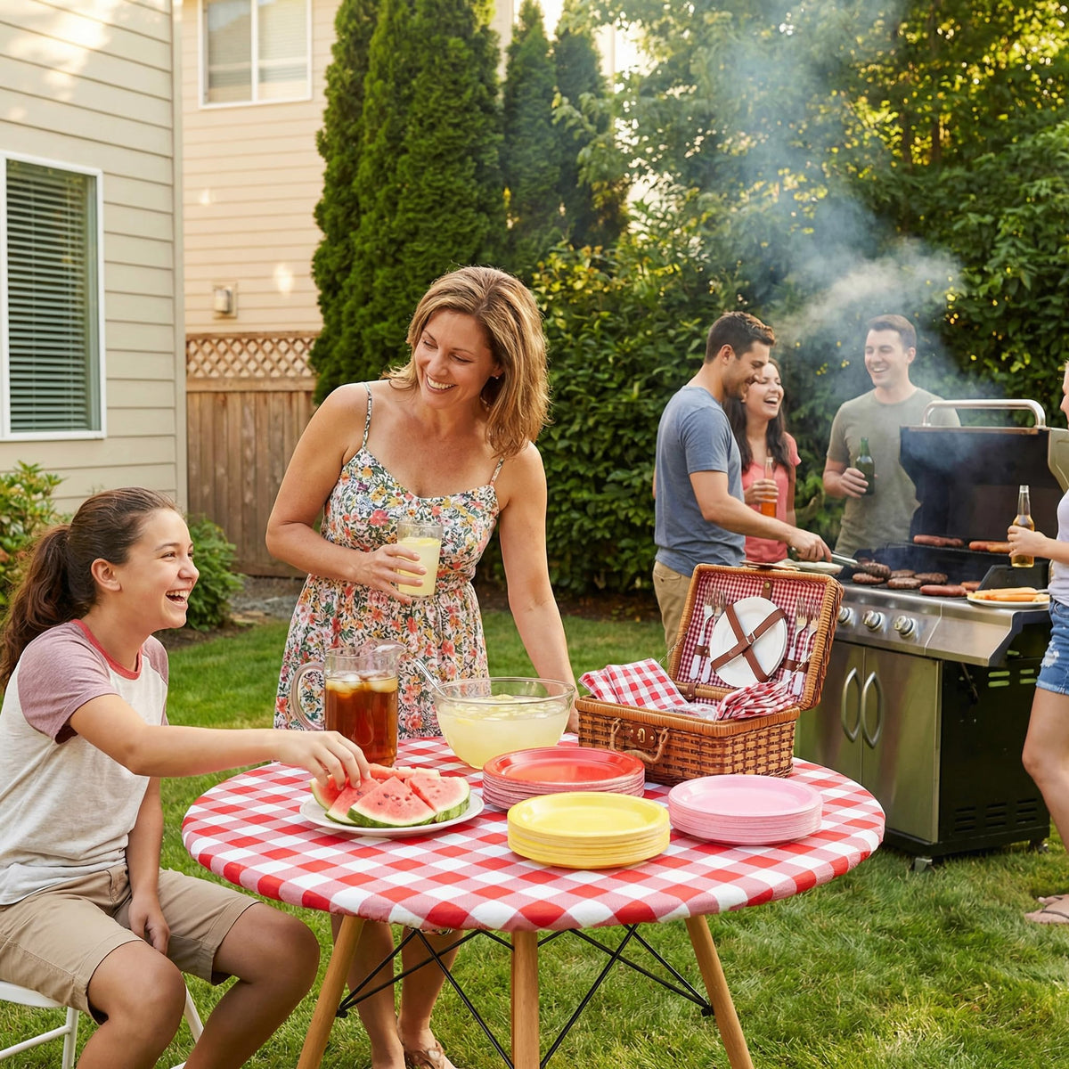 Smiry round tablecloth windproof fit enables easy outdoor dining setup.
