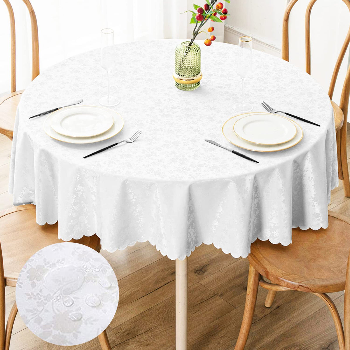 Smiry round table cloth with floral embossing and scalloped edge for elegant dining.