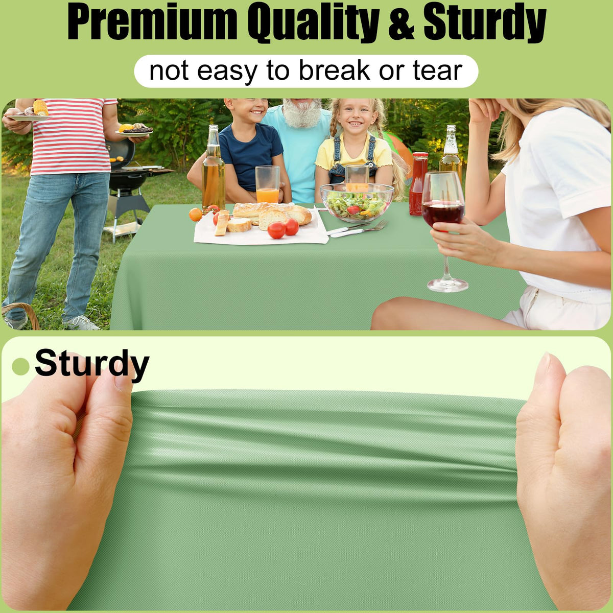 Smiry sage-green tablecloth with smooth finish for elegant, mess-free dining.