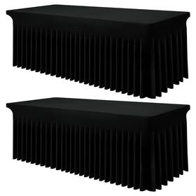 Smiry Spandex tablecloth on a 6-foot black table for a clean banquet setup.