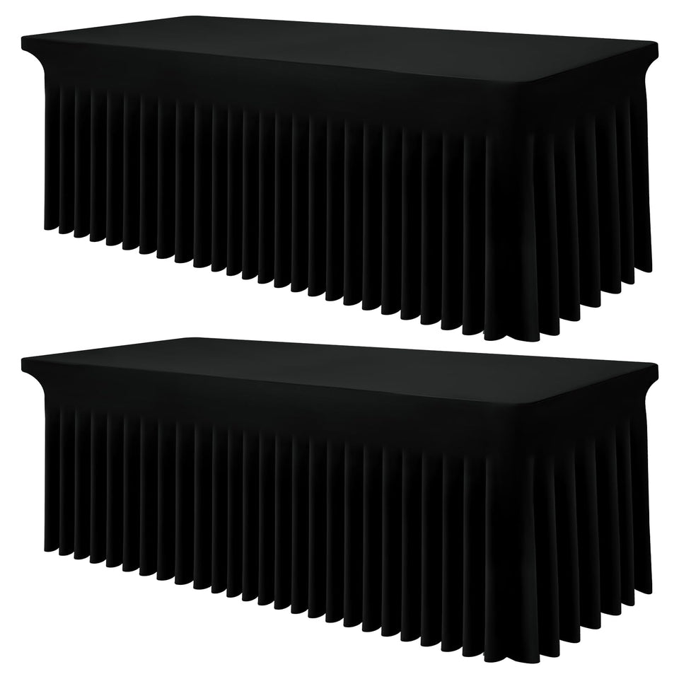 Smiry Spandex tablecloth on a 6-foot black table for a clean banquet setup.