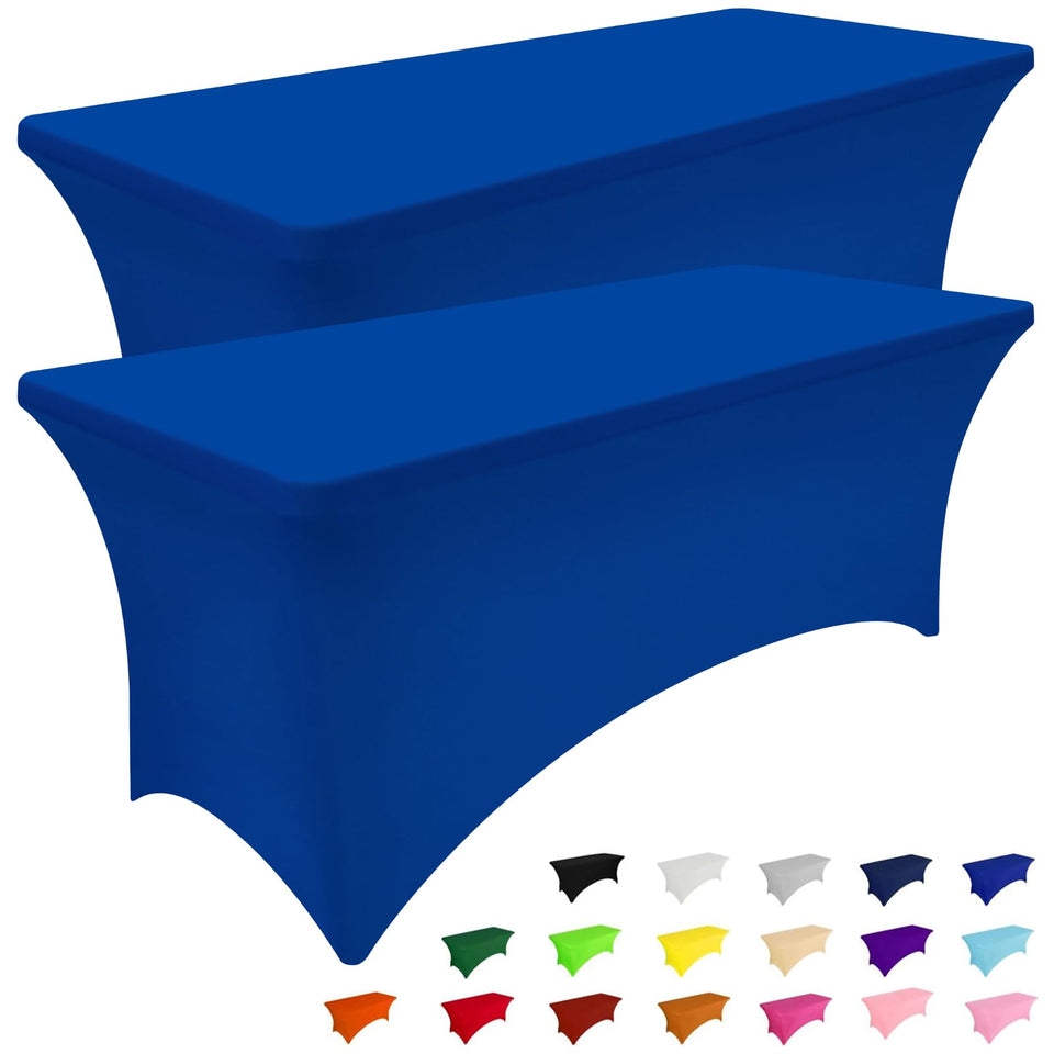 Smiry spandex tablecloth on a 6ft blue rectangular table for full coverage.