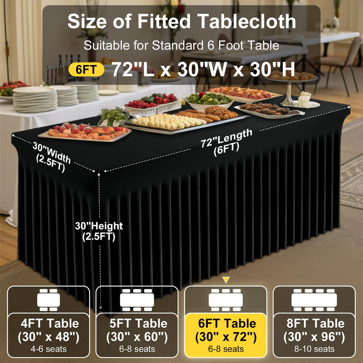 Smiry Spandex tablecloth measures 72x30x30 inches for 6-foot tables