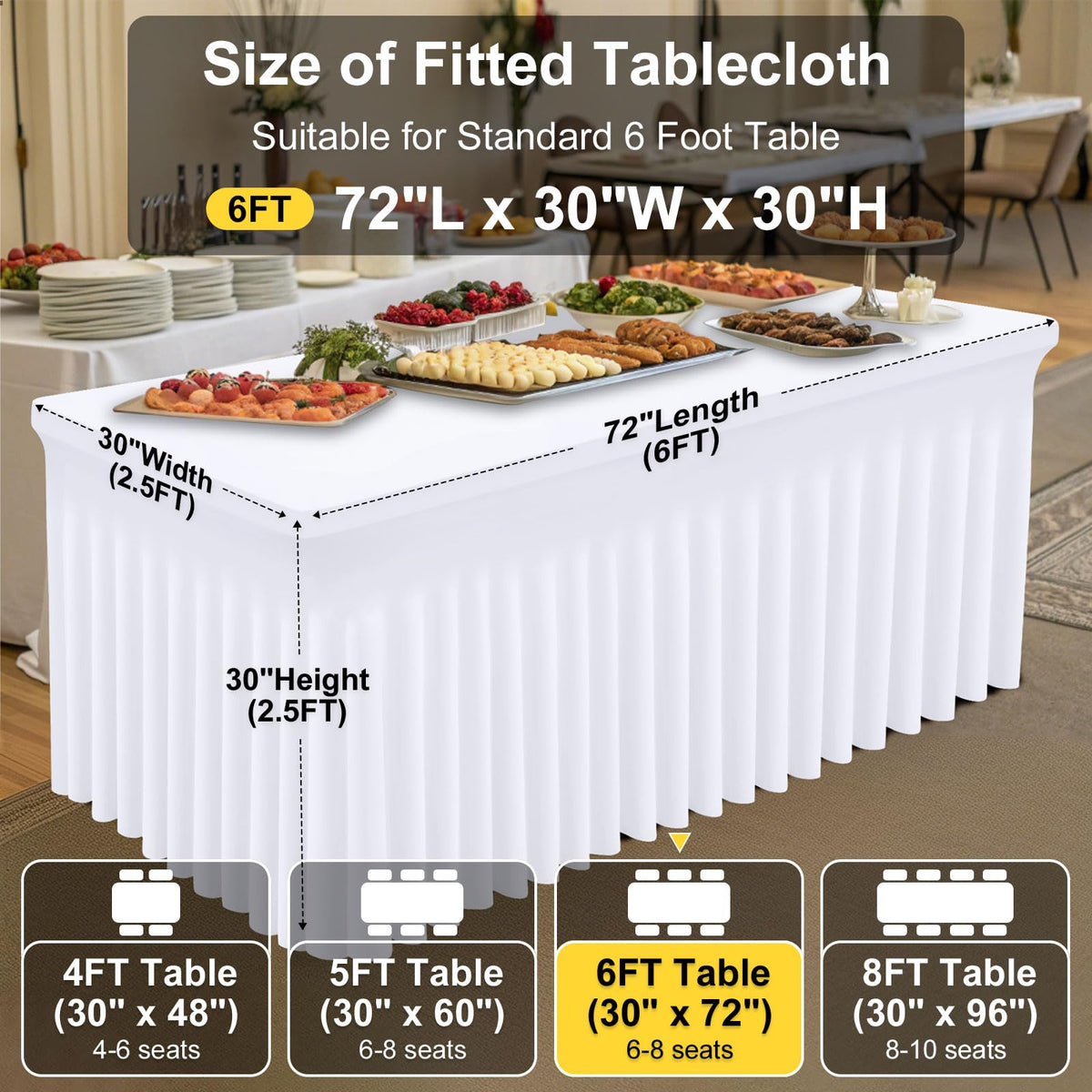 Smiry Spandex Tablecloth on a 6-foot table with 72x30x30 dimensions