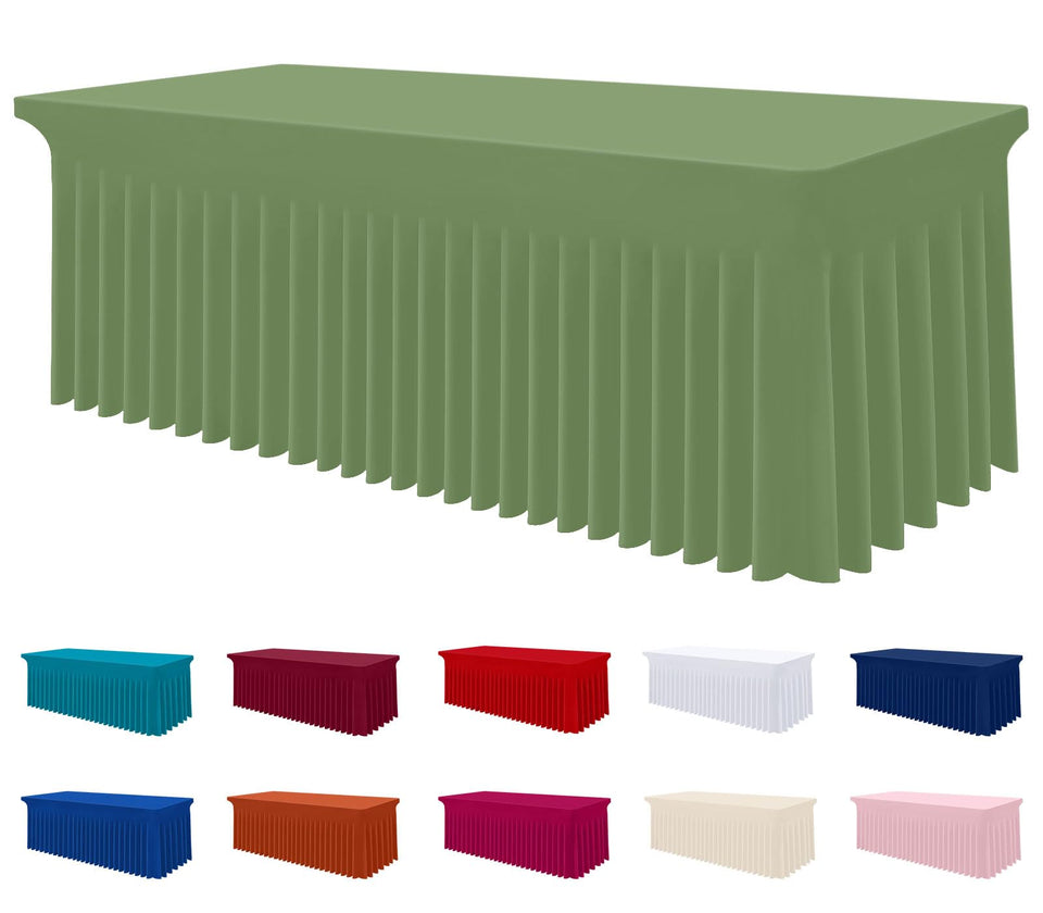 Smiry spandex tablecloth on a 6ft rectangle table in sage green for seamless banquet styling